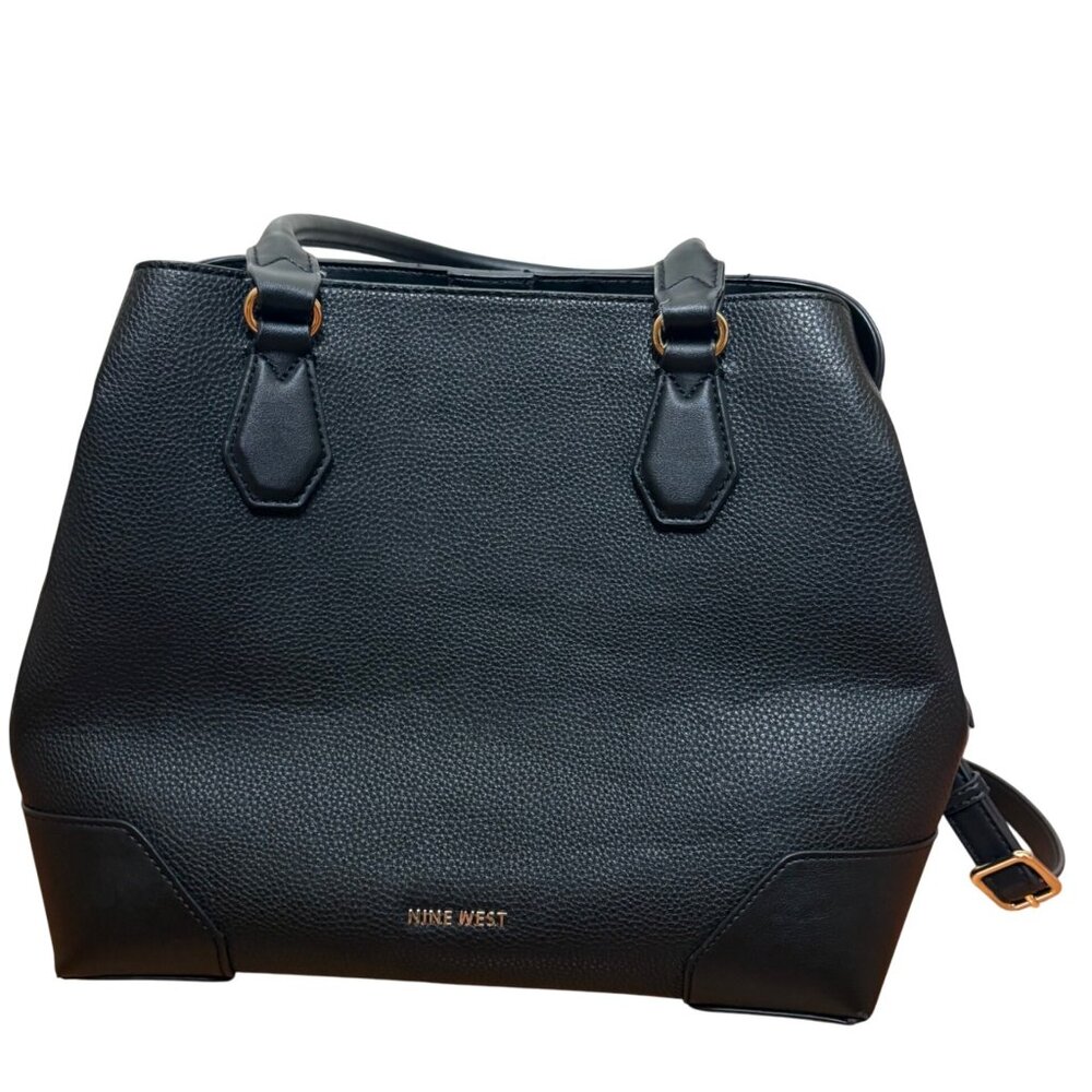 Nine West Brooklyn Jet Set Carryall Bag Black Pebbled Faux Leather Purse